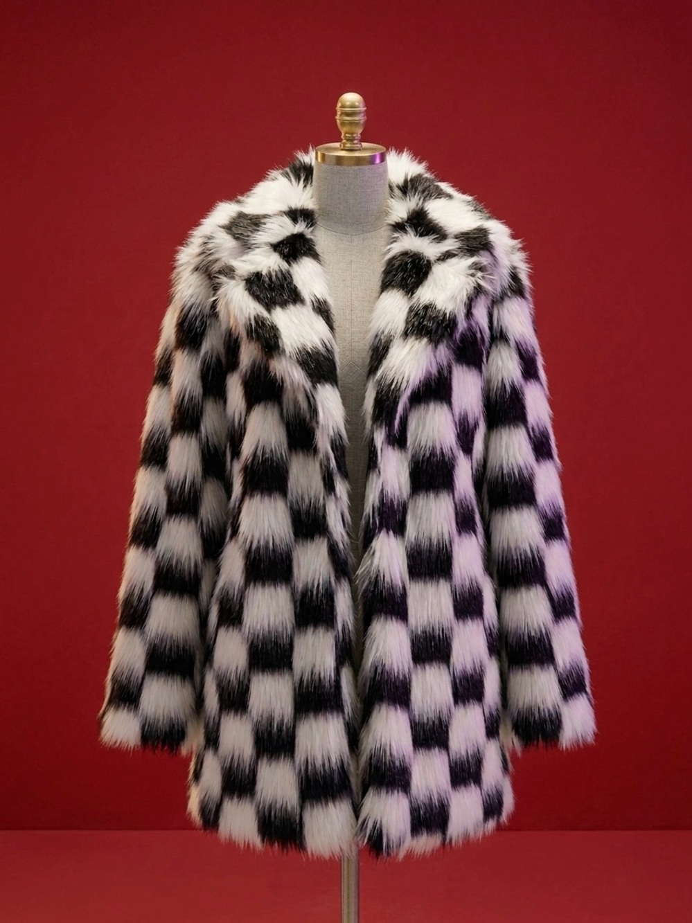 NWT Current Mood Oversized Long Checkered Recipe For Disaster Faux Fur Coat